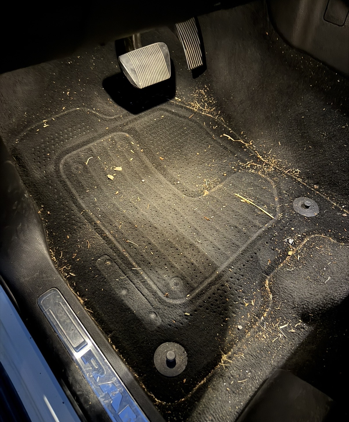 Vehicle floor before a deep interior cleaning
