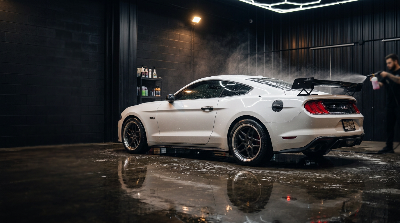 White Ford Mustang covered in foam during a premium detail